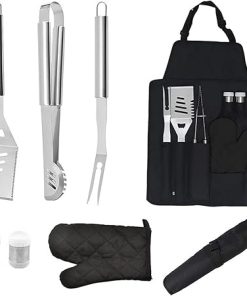 BBQ Grill Tool Set Stainless Steel Spatula Fork Tongs Barbecue Utensil Gifts for Men Women (Black)
