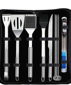 10PCS Stainless Steel BBQ Grilling Accessories Set, Outdoor Barbecue Kit with Food Thermometer, Brush & Skewers