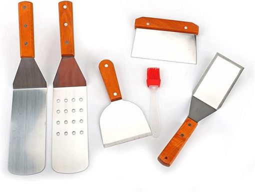 BBQ Accessories, Flat Griddle Accessories Grill Spatula Set with Scraper, Long/Short Spatulas Outdoor BBQ Tool,6-Piece