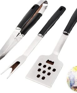 3 PCS Stainless Steel BBQ Grill Tool Set, Fork, Spatula, Tongs, Ideal Grilling Accessories, for Men, Dad, Silver