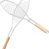 Happyyami 2Pcs Fish Grill Basket Outdoor Barbecue Tool with Wooden Handle for Grilling Fish and Thick Foods Durable Design Reduces Sticking and Falling Through Grates