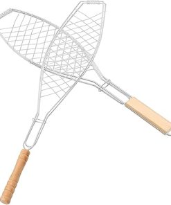 Happyyami 2Pcs Fish Grill Basket Outdoor Barbecue Tool with Wooden Handle for Grilling Fish and Thick Foods Durable Design Reduces Sticking and Falling Through Grates