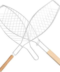 SUPVOX 2Pcs Fish Grill Basket with Wooden Handle Durable Barbecue Tool for Outdoor Grilling Wire Frame Net Clips for Fish Thick Foods Easy to Clean and Use present for Bbq