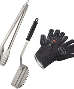 RÖSLE Barbecue Premium Set of 3, Barbecue Set with Premium Barbecue Gloves, BBQ Tongs and Cleaning Brush SlideX, Stainless Steel, Silver/Black