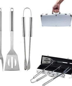 3 Pieces Professional Grade Stainless Steel BBQ Grill Cooking Utensil Tool Kit W/Storage Case Great for Grilling Camping Picnics Outdoor Barbecue Activities
