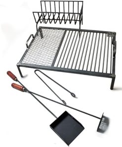 Premium Argentinian Grill Kit with Accessories – Heavy Duty Outdoor BBQ Set Featuring Iron Trafilado Steel Grill with Side for Offal, Uruguayan Wood Burner, and Essential BBQ Tools