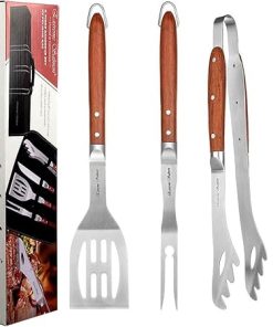 Deluxe BBQ Grill Tool Set with Rosewood Handles - Best Grilling Gift- Heavy Duty Grill Accessories Grilling Tools Set Grill Utensils- Extra Thick Stainless Steel Grill Spatula, Tongs, Fork& Meat Knife