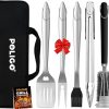 POLIGO 5PCS BBQ Grill Accessories Set in Carrying Bag Bundle with Safe Stainless Steel Wire Grill Brush and Scraper for All Barbecue Grills - Grilling Set Ideal Christmas Birthday Gifts for Men Dad