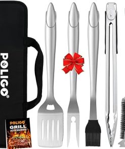 POLIGO 5PCS BBQ Grill Accessories Set in Carrying Bag Bundle with Safe Stainless Steel Wire Grill Brush and Scraper for All Barbecue Grills - Grilling Set Ideal Christmas Birthday Gifts for Men Dad
