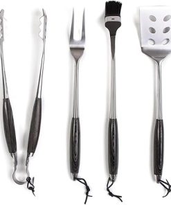 Schmidt Brothers – BBQ Ash 4 Piece Grill Set, Full-Forged Stainless Steel Grilling Utensils Including Spatula, Fork, Basting Brush, and Tongs with All Wood Handles 2