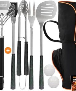 POLIGO 7PCS Golf-Club Style BBQ Grill Tools Kit with Rubber Handle Bundle with 18" Safe Grill Brush And Scraper Bristle Free for All Grills - Premium BBQ Set Ideal Christmas Birthday Gifts for Men Dad