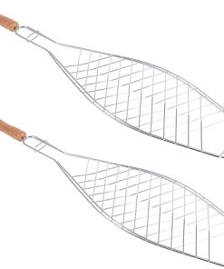 CANIGHT Bbq Outdoor Grill Net 2 Pcs Iron Grilled Net Wooden Handle Fish Barbecue Basket Barbecue Grill Rack Camping Bbq Tool