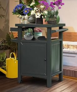 Outdoor Grill Table Cart with Wheels, Outdoor Portable Table with Lockable Storage Space, Outdoor Metal Storage Cabinet with Spice Rack and Paper Towel Holder for BBQ/Deck/Patio/Backyard, Dark Grey 2