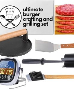 Ultimate Burger Grilling Kit: Cast Iron Press, Meat Chopper, Stainless Spatula, Wax Papers, Grill Cleaner & Digital Thermometer - BBQ Accessories for Perfect Patties & Outdoor Cooking