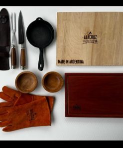 Gift Box for Man Accessories for Grilling Leather Gloves Cast Iron Skillet, Hardwood Cutting Board Handmade Fork and Knife 2 Wooden Bowls – Complete kit for Grilling at Home Unique Gift Father’s Day 2