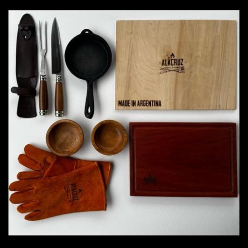 Gift Box for Man Accessories for Grilling Leather Gloves Cast Iron Skillet, Hardwood Cutting Board Handmade Fork and Knife 2 Wooden Bowls - Complete kit for Grilling at Home Unique Gift Father's Day - Image 2