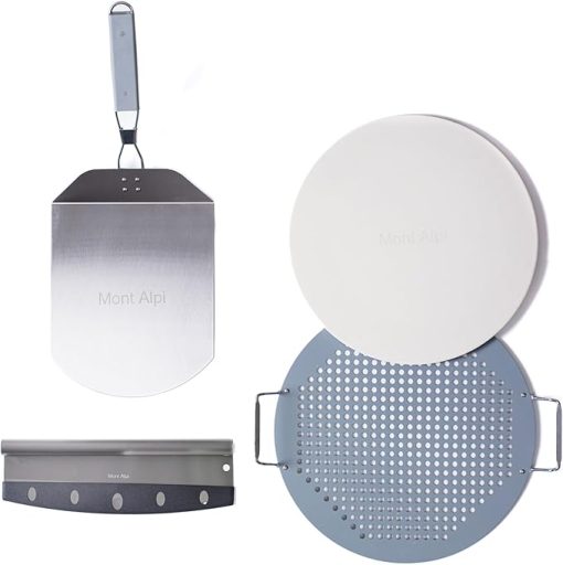 Mont Alpi MAPK Universal Outdoor Grill Pizza Making Converter Kit - Pizza Stone Rest with Handles, 15" Pizza Stone, Stainless Steel Fold up Pizza Peel and Chicago Style Pizza Rocker Cutter Knife
