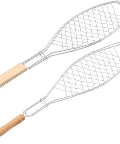 HANABASS 2Pcs Net Rack Fish Barbecue Clip Outdoor Iron Grill Basket with Wooden Handle for Fish Meat and Breads Durable Wire Frame Bbq Accessories Thick Thin