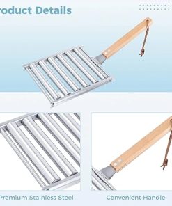 Stainless Steel BBQ Roller, 2-Pack Hot Dog and Sausage Grill Tool with Wooden Handle, 6.5 X 5.5 Inch 2