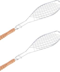 DOITOOL Sturdy BBQ Grill Accessory 2-Piece Iron Mesh Clip Wooden Handle for Grilling Camping Hiking Non- to Use