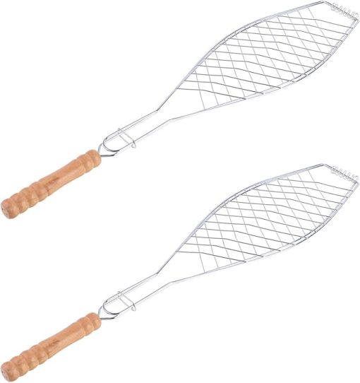 DOITOOL Sturdy BBQ Grill Accessory 2-Piece Iron Mesh Clip Wooden Handle for Grilling Camping Hiking Non- to Use