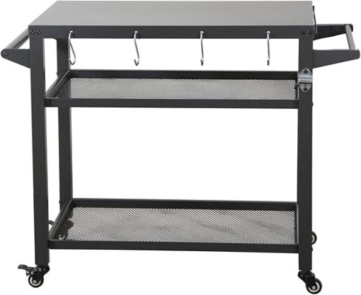 3-Shelf Outdoor Grill Table with Wheels, Propane Tank Hook, and Tool Hooks, Metal Construction, Grey