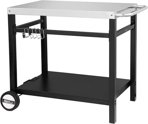 Royal Gourmet Dining Cart Table with Double-Shelf, Movable Stainless Steel Flattop Grill Cart, Hooks, Side Handle, Multifunctional PC3401S (Silver)