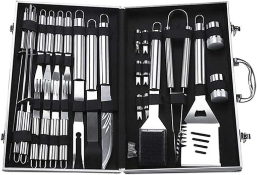 BBQ Tools Set,27 Pcs BBQ Grill Set Steak Knife& Fork, Sptula, Tongs and Cleaning Brush - Complete Barbecue Accessories in Aluminum Storage Case - Perfect Grilling Set Gift