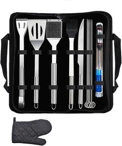 Stainless Steel Barbecue Tool Set, 11-Piece Barbecue Accessories Set, Barbecue Tools with Thermometer, Outdoor Camping Barbecue Equipment, Anti-scalding Safety Barbecue Tools 2