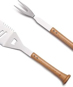 Baseball BBQ | 'Turn-Two' Multi-Tool Spatula & Fork Combo Set | BBQ Grilling Accessories & Utensils for Baseball Fans| Unique Wooden Bat Handle & Quality Stainless Steel Grill Masters