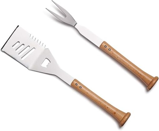 Baseball BBQ | 'Turn-Two' Multi-Tool Spatula & Fork Combo Set | BBQ Grilling Accessories & Utensils for Baseball Fans| Unique Wooden Bat Handle & Quality Stainless Steel Grill Masters