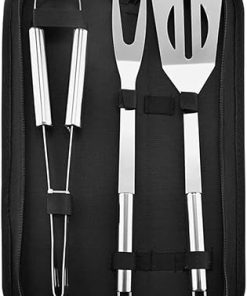 Stainless Steel BBQ Tools Set Spatula Fork Tongs Knife Brush skewers Barbecue Grilling Utensil Camping Outdoor Cooking Tool Set (Color : Silver, Size : 3pcs)