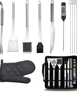 Grill Set, 11 PCS Grill Accessories Set for Camp Chef, Professional Stainless Flat Top Grilling Accessories Set with Slotted Spatula,Heat Insulation Gloves, Cloth Bag