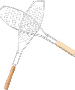 2Pcs Barbecue Tool Grill Basket with Wooden Handle Thick Thin Net Rack for Outdoor Fish Grilling for Camping Picnics and Parties