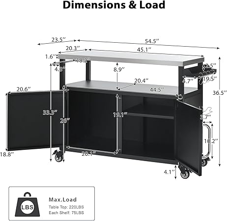 54.5″ Outdoor Kitchen Island with Stainless Steel Tabletop – Rolling Grill Cart with Storage, Mobile Bar Table with 4 Lockable Wheels for Pizza Prep & BBQ 2 54.5" Outdoor Kitchen Island with Stainless Steel Tabletop - Rolling Grill Cart with Storage, Mobile Bar Table with 4 Lockable Wheels for Pizza Prep & BBQ - Image 2