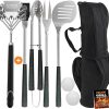 POLIGO 7PCS Golf-Club Style BBQ Grill Tools Kit with Rubber Handle Bundle with 18" Safe Grill Brush And Scraper Bristle Free for All Grills - Premium BBQ Set Ideal Christmas Birthday Gifts for Men Dad