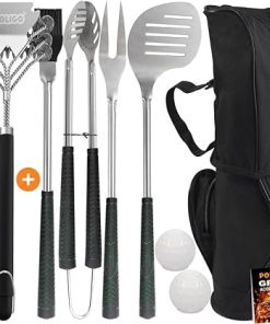 POLIGO 7PCS Golf-Club Style BBQ Grill Tools Kit with Rubber Handle Bundle with 18" Safe Grill Brush And Scraper Bristle Free for All Grills - Premium BBQ Set Ideal Christmas Birthday Gifts for Men Dad