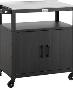 Outdoor Grill Cart with Stainless Steel Tabletop and Storage Cabinet, Movable Kitchen Island with Wheels for BBQ Food Prep, Black