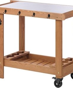 Outdoor Wooden Grill Cart Table with Wheels, Metal Top and Storage, for Patio Backyard Garden BBQ