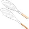 Yardwe 2Pcs Net Rack Fish Barbecue Clip Durable Iron Grill Basket with Wooden Handle for Outdoor Grilling for Fish and Bread Cooking Easy to Clean and Store