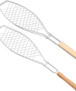 Yardwe 2Pcs Net Rack Fish Barbecue Clip Durable Iron Grill Basket with Wooden Handle for Outdoor Grilling for Fish and Bread Cooking Easy to Clean and Store