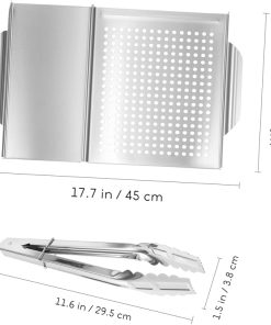 PRETYZOOM Grill Pan Food Tongs Set Stainless Steel BBQ Tool Grilling Tray Outdoor Grill Accessories Easy Clean 2