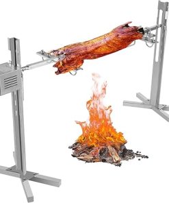 Electric BBQ Rotisserie Grill Kit,Adjustable Height Pig Roaster Grill,Stainless Steel 88.18 lbs Rotisserie Stand,Automatic Rotating Lamb Hooded Roaster Rack Motor Kit 25W