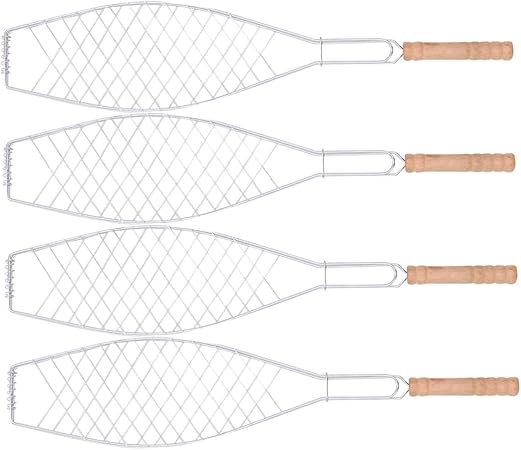 4 Pcs Metal Non-stick Fish Grill Basket Wooden Handle Barbecue Tool for Outdoor Camping for Whole Fish Flexible for Grill 4 Pcs Metal Non-stick Fish Grill Basket Wooden Handle Barbecue Tool for Outdoor Camping for Whole Fish Flexible for Grill