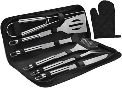 7pcs Stainless Steel BBQ Tool Set Grill Tongs Scraper Food Clamp Outdoor Grill Accessories Portable Barbecue Kit