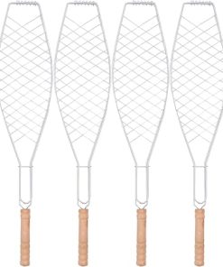Angoily Grill Accessories 4 Pcs Fish Grill with Rosewood Handle Non- BBQ Clip Net Outdoor Tool for Camping Picnic Chopa Camping Accessories