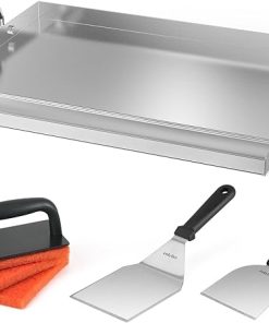 Onlyfire Griddle and Cooking Tool Kit, 18"×12.5" Outdoor Flat Top Griddle Plate with BBQ Scraper, Spatula and Scouring Pad for Gas and Charcoal Grills