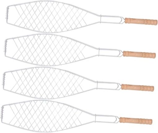 Kisangel 4Pcs Fish Grill Clip with Wooden Handle Non Stick Bbq Tool for Outdoor Camping for Grilling Fish Steaks and Vegetables Durable Construction Barbecue