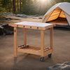 Outdoor Wooden Grill Cart Table with Wheels, Metal Top and Storage, for Patio Backyard Garden BBQ
