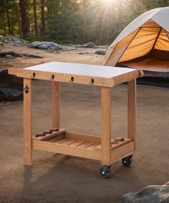 Outdoor Wooden Grill Cart Table with Wheels, Metal Top and Storage, for Patio Backyard Garden BBQ